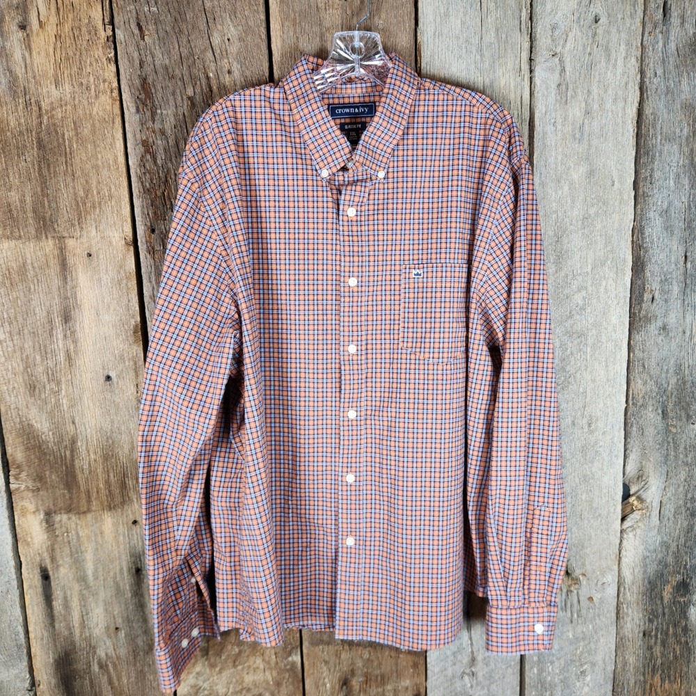 Crown & Ivy Mens XXL Classic Fit Button Down Shirt Orange Blue Plaid Long Sleeve